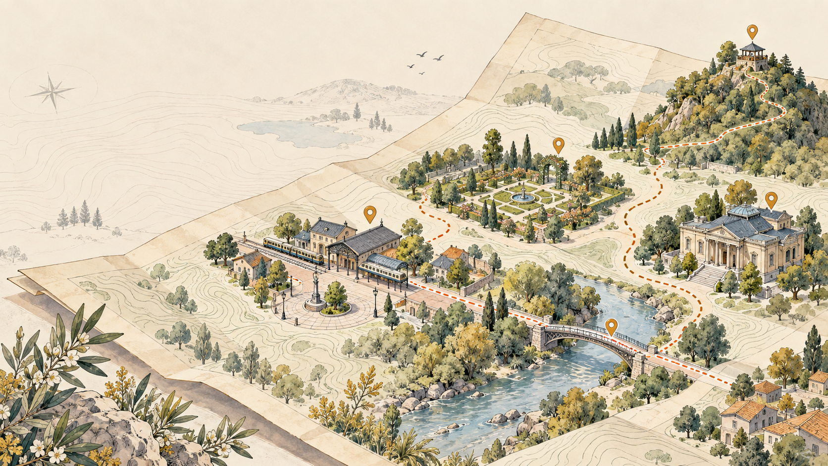 An illustrated folded atlas connecting public places with a walking route
